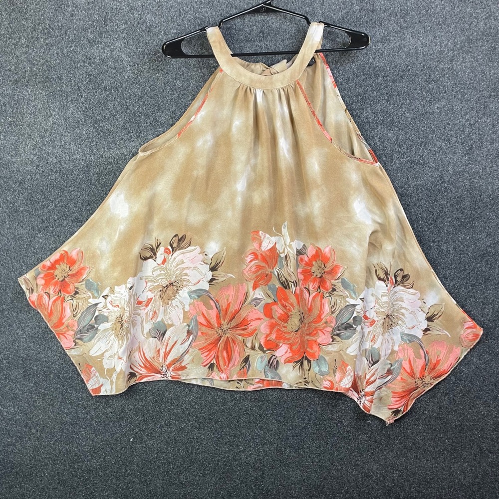 Unique Spectrum Floral Halter Top Tan Orange Sleeveless Tie Back Blouse 1X
